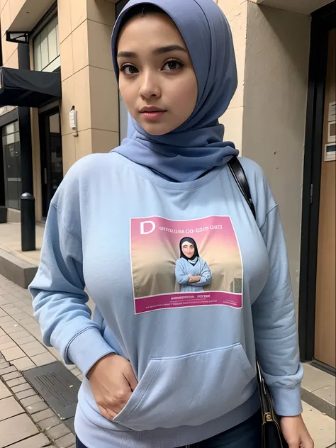 (Best quality, high resolution, masterpiece: 1.3), a beautiful malay woman in hijab, big breasts, slim figure, sweatshirt, beautifully presented details in the street and facial and skin texture, detailed eyes, double eyelids, big eyeschest visible, shirt ...