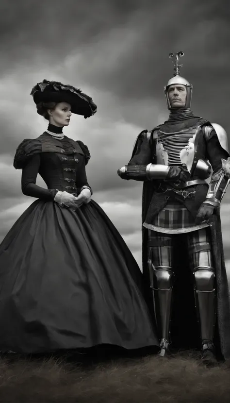 there is a robot and a woman dressed in costumes side by side, victorian science fiction inspired, hugh kretschmer, plaid attire, wearing ornate armor, daguerreotype photography, cinematography 2009, cinematic widescreen footage, black and white color phot...