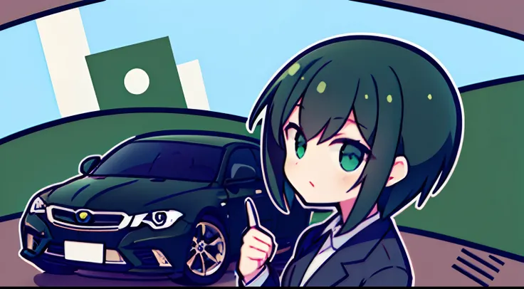 logo for a car brand: girl wearing a suit, short greenish-black hair in a Japanese car