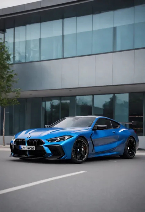 a close up of a blue bagged 2024 BMW m8  racecar parked in a parking lot, infront of a modern building, architectural art, hyper real render, 8 k cg render, angry 8 k, 8k render”, 8 k render, 8k render, wide body, hyper realistic style, in game style 8k, 8...