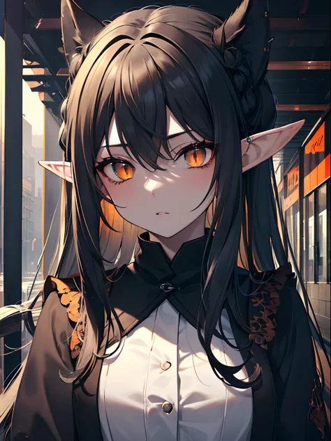 (Masterpiece, Best quality, ultra high resolution),1girl,dark black hair,elf ears, black skin, beautiful and detailed face, detailed eyes,grey skirt,cardigan,(autum),on a park,((gray and grayish orange theme))