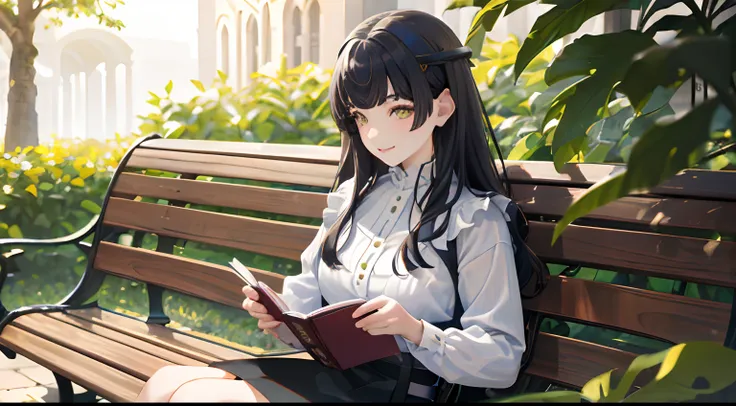 masterpiece, best quality, 1girl, black hair, ,yellow eyes, plain white shirt, sitting on a bench, smiling, reading a book, deta...