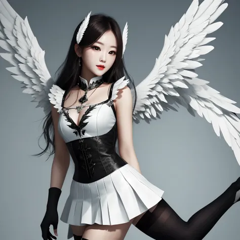 Eight-winged female angel，Black stockings on his feet，Short white skirt on the upper body，The face is charming