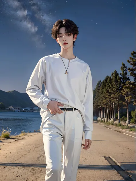 ​masterpiece、（top-quality)、((high-level image quality))、one manly boy、slim body、((white y-shirt and long black pants))、(detailed...