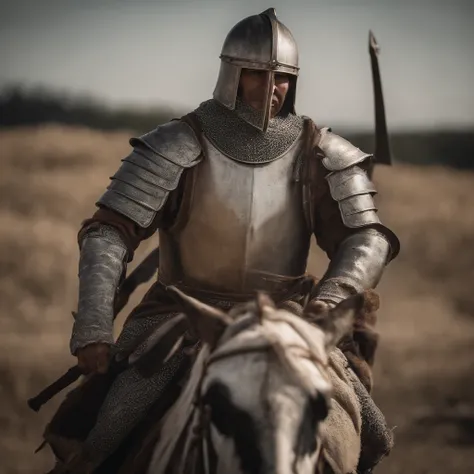 Realistic 8K medieval warrior with a shiny silver armor in the middle of the armor the symbol of the cross, Hes got a helmet covering his mouth, mas seus olhos aparecem, his eyes are honey brown he is around 25 years old. Around you the sky is red