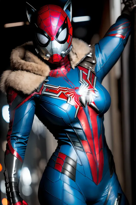 ((((American female goddess, detailed face, perfect light blue eyes, hot woman, she wears an open wolf leather jacket showing her huge Breasts, giant long breasts showing, based on the Marvel studios films, Spiderman costume, man ant, wearing a technologic...