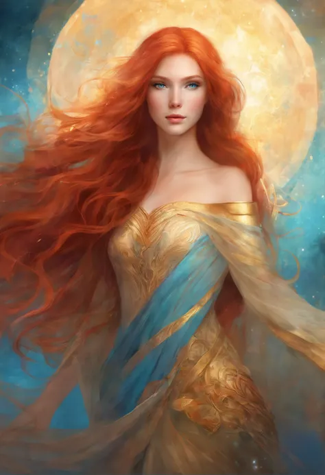 woman with STREIGHT long red hair, very fair skin and sea bright blue eyes