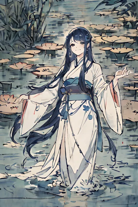 ((4k,masterpiece,best quality)), shuimobysim, traditional chinese ink painting, lotus, hanfu, maxiskit, dress conservatively 1girl, solo, long blue hair, smile, standing, feet in the water, barefoot,