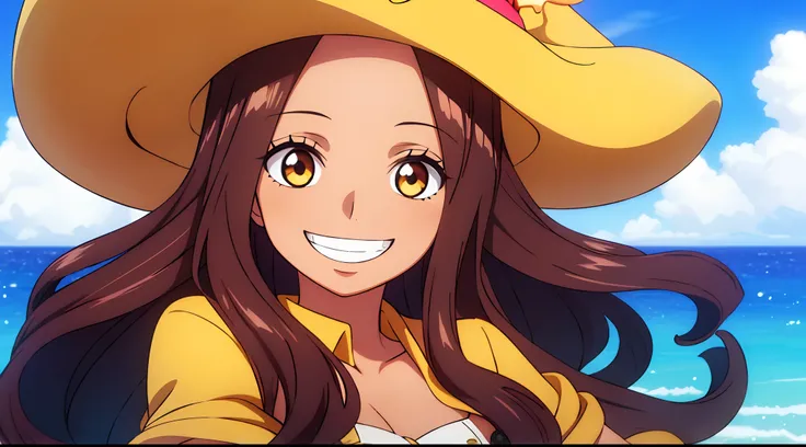 Masterpiece, Best quality, 1lady, ((solo)), tanned skin, long wavy curly brown hair, parted bangs, forehead, yellow eyes, grinning, confident smile, on ship, sea, close up, pirates hat