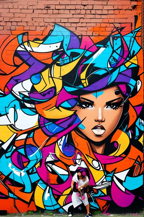 girl street art painter, graffiti, brick wall, hip hop style, masterpiece, high detailed