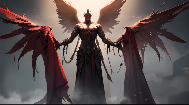 (best quality,4k,8k,highres,masterpiece:1.2),ultra-detailed,(realistic,photorealistic,photo-realistic:1.37),dark hue,red hue,gothic angel of time,sinister,imposing figure,towering wings,dark atmosphere,intense gaze,powerful presence,ominous expression,leat...