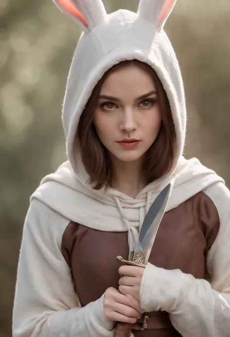 female rabbit, menacing fighter, holding a sword, hood covers head with hears protruding,