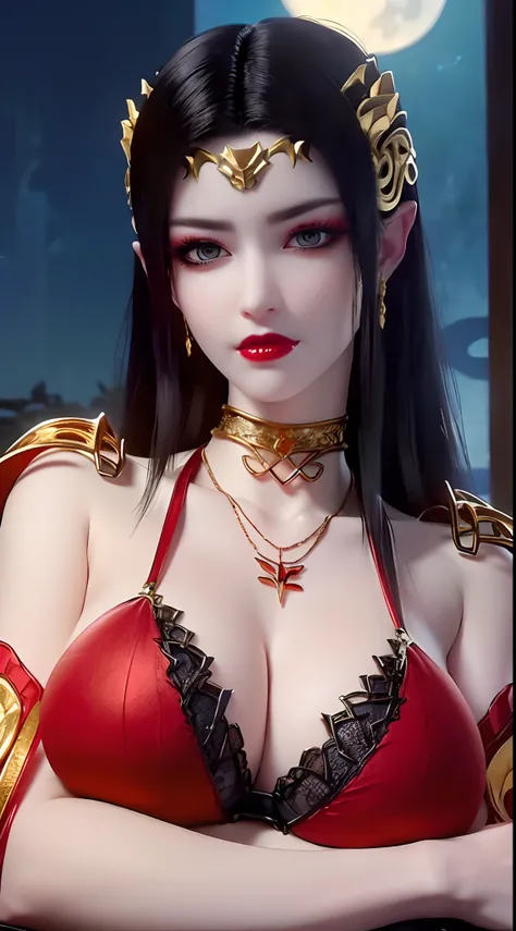 1 extremely beautiful queens,((wearing a sexy red bikini with black lace trim:1.6)), (((pattern on bikini:1.6))), ((long black hair:1.6)), jewelry elaborately made from precious stones and beautiful hair, ((wearing a 24k gold lace necklace:1.4))), the nobl...