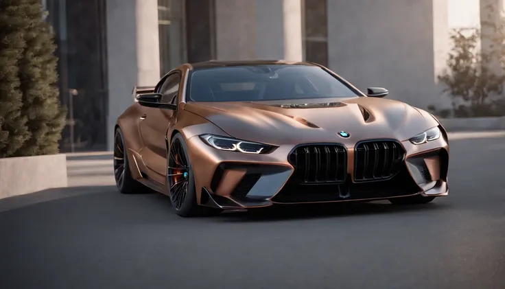 a close up of a copper and black bagged 2024 BMW m8  racecar parked in a parking lot, infront of a sculptured modern building, architectural art, hyper real render, 8 k cg render, angry 8 k, 8k render”, 8 k render, 8k render, wide body, hyper realistic sty...