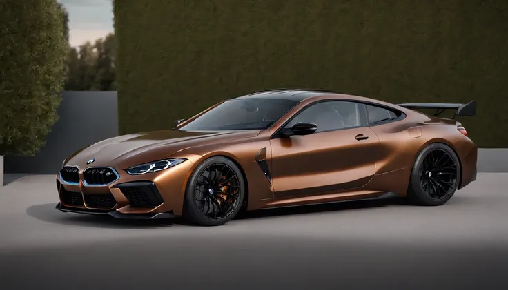 a close up of a copper and black bagged 2024 BMW m8  racecar parked in a parking lot, infront of a sculptured modern building, architectural art, hyper real render, 8 k cg render, angry 8 k, 8k render”, 8 k render, 8k render, wide body, hyper realistic sty...