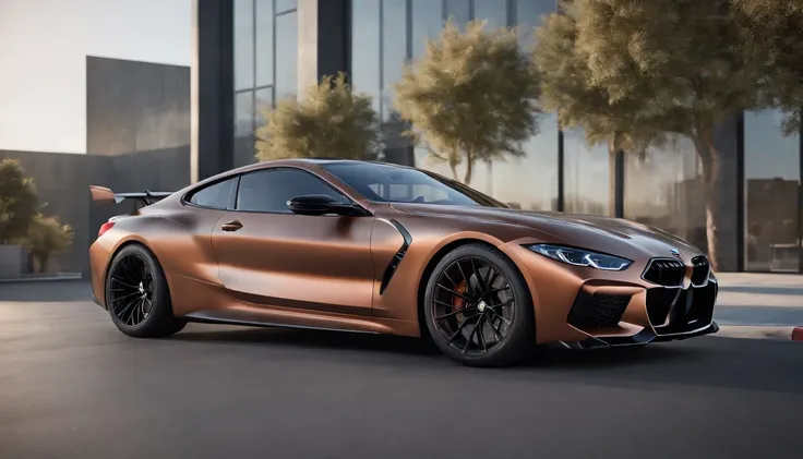 a close up of a copper and black bagged 2024 BMW m8  racecar parked in a parking lot, infront of a sculptured modern building, architectural art, hyper real render, 8 k cg render, angry 8 k, 8k render”, 8 k render, 8k render, wide body, hyper realistic sty...