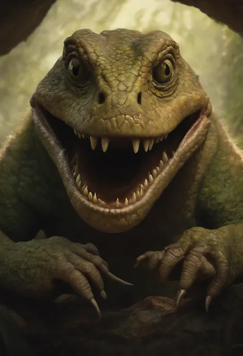 a close up of a cartoon character with a big smile, award winning creature portrait, lizardfolk, by Andrew Ferez, full color illustration, inspired by Andrew Ferez, anthropomorphic creature, humanoid turtle monster, inspired by Guillermo del Toro, epic ful...