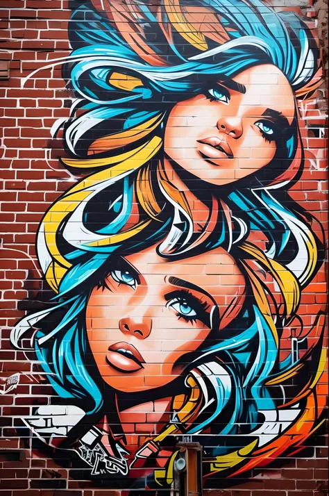 girl street art painter, graffiti, brick wall, hip hop style, masterpiece, high detailed, full length image