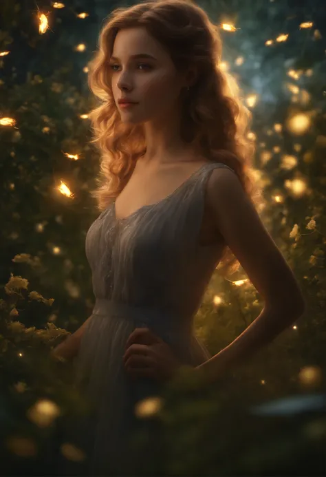 (8K, Top quality, Masterpiece: 1.2), (Realistic, Photorealistic: 1.37), Super detail, One girl, wide high angle view, Firefly Garden, Many faint little lights and fireflies flew around, Night