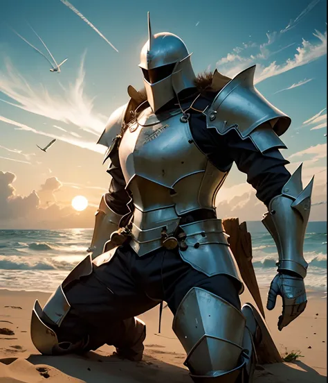 Lone knight in armor kneeling on the sand on a deserted beach, com um monstro gigante emergindo do mar ao nascer do sol, estilo anime --auto --s2