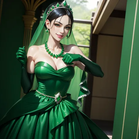 emerald tiara, Green Pearl Necklace, Boyish very short black hair, lipsticks, Japan woman smiling, very short short hair, big breasts beautiful, Green eyes, Long green gloves made of satin material, Green eyes, Emerald Earrings