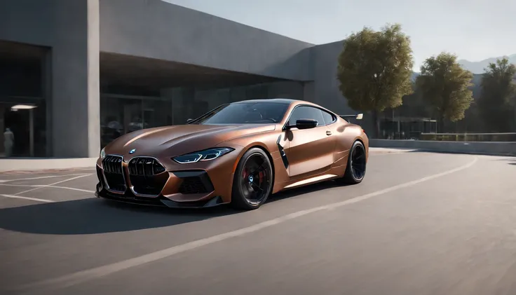 a close up of a copper and black bagged 2024 BMW m8  racecar parked in a parking lot, infront of an intensely futuristic architecture characterized by curving façades, sharp angles, and severe materials such as concrete and steel , architectural art, hyper...