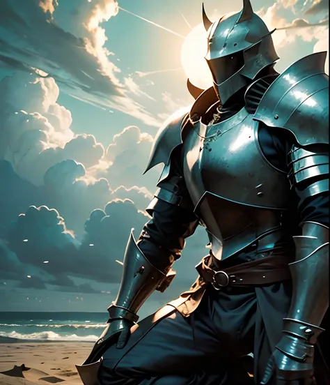 Lone knight in armor kneeling on the sand on a deserted beach, com um monstro gigante emergindo do mar ao nascer do sol, estilo anime --auto --s2