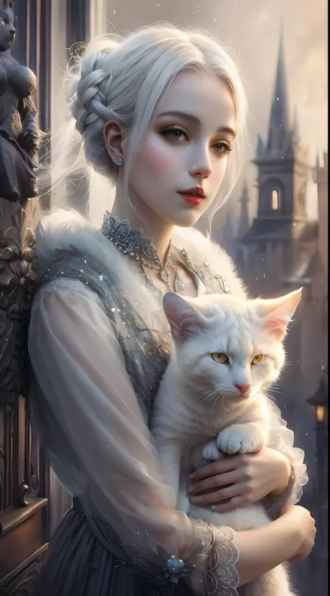 Arafed woman with a white cat in her arms, uma bela raposa senhora, raposa branca, raposa branca - cabelo, fantasia raposa amor, arte de fantasia peluda, retrato bonito da arte da fantasia, bela arte de fantasia, menina do gato branco, estilo de arte de fa...