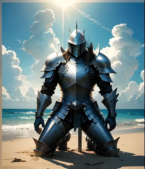 Lone knight in armor kneeling on the sand on a deserted beach, com um monstro gigante emergindo do mar ao nascer do sol, estilo anime --auto --s2