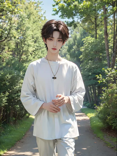 ​masterpiece、（top-quality)、((high-level image quality))、One Manly Boy、Slim body、((White Y-shirt and long black pants))、(Detailed beautiful eyes)、Walking together on the road at night、Face similar to Chaewon in Ruseraphim、((short hair above the ears))、((Sma...