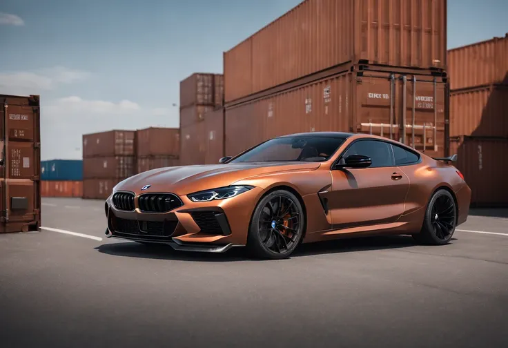 a close up of a copper and black bagged 2024 BMW m8  racecar driving past shipping containers at high speeds, motion blur, panning shot, wheel motion captured, 1/4second exposure, hyper real render, 8 k cg render, angry 8 k, 8k render”, 8 k render, 8k rend...