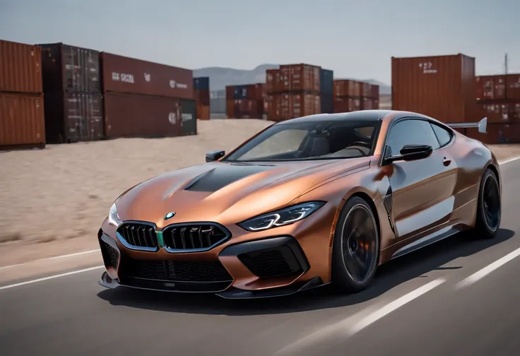 a close up of a copper and black bagged 2024 BMW m8  racecar driving past shipping containers at high speeds, motion blur, panning shot, wheel motion captured, 1/4second exposure, hyper real render, 8 k cg render, angry 8 k, 8k render”, 8 k render, 8k rend...