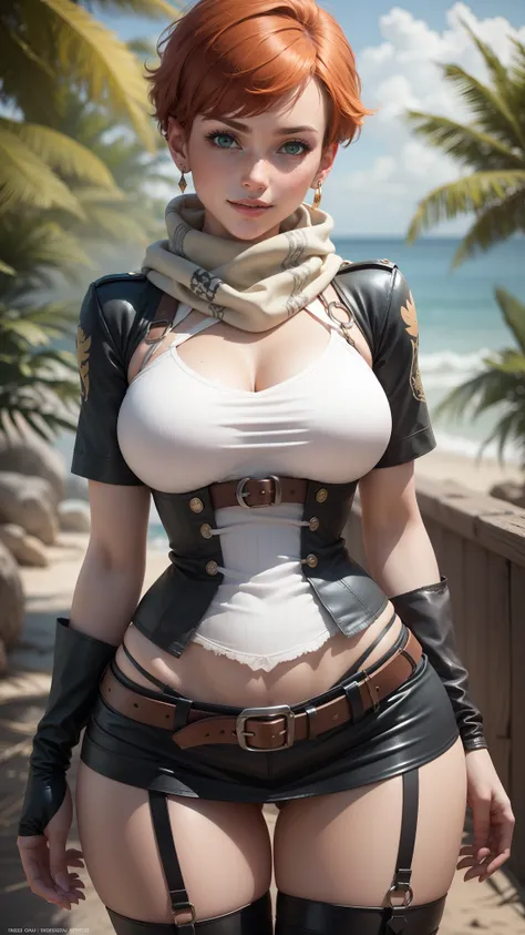 gwen tennyson,tracer,yorha 2b,nami, rebecca chambers,reisalin stout,pirate outfit,beach,teenager,green eyes,thigh high boots,garter belt,striped panties, short hair,orange hair,pirate ship,shy smile,white striped top,tight skirt,wet shirt,freckles,redhead,...