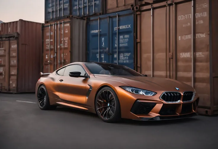 a close up of a copper and black bagged 2024 BMW m8  racecar driving past shipping containers at high speeds, motion blur, panning shot, wheel motion captured, 1/4second exposure, hyper real render, 8 k cg render, angry 8 k, 8k render”, 8 k render, 8k rend...