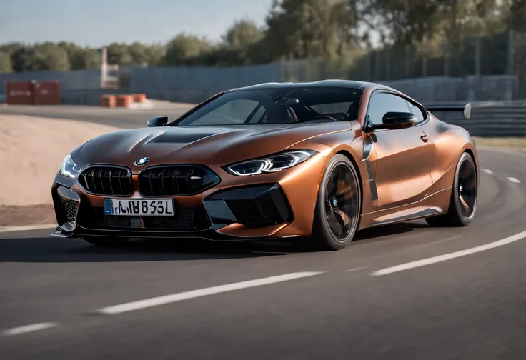 a panning shot of a copper and black bagged 2024 BMW m8  racecar driving past shipping containers at high speeds, motion blur, panning shot, wheel motion captured, 1/4second exposure, hyper real render, 8 k cg render, angry 8 k, 8k render”, 8 k render, 8k ...