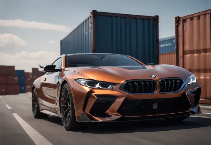 a panning shot of a copper and black bagged 2024 BMW m8  racecar driving past shipping containers at high speeds, motion blur, panning shot, wheel motion captured, 1/4second exposure, hyper real render, 8 k cg render, angry 8 k, 8k render”, 8 k render, 8k ...