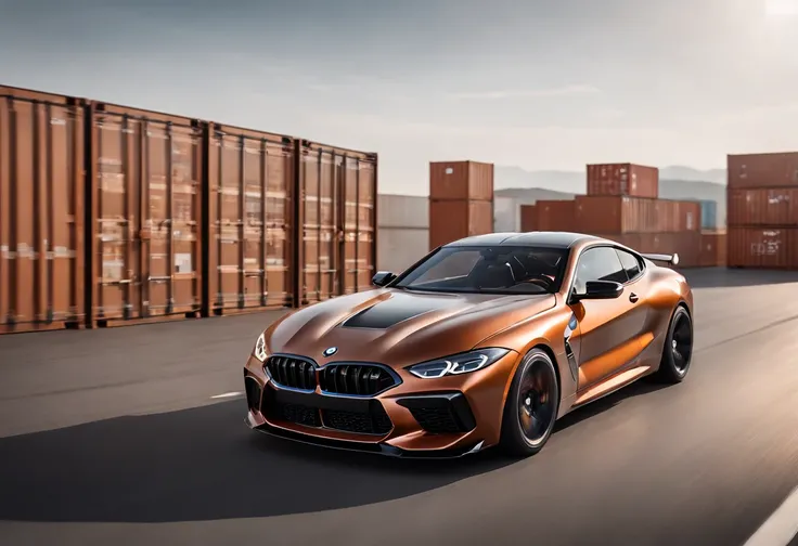 a panning shot of a copper and black bagged 2024 BMW m8  racecar driving past shipping containers at high speeds, motion blur, panning shot, wheel motion captured, 1/4second exposure, hyper real render, 8 k cg render, angry 8 k, 8k render”, 8 k render, 8k ...