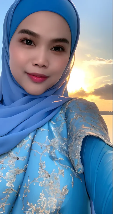 masterpiece, best quality, movie still, 1 malay girl in blue hijab, cloud girl, floating in the sky, close-up, bright, happy, warm soft lighting, sunset, (sparks:0.7)