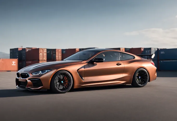 a panning shot of a copper and black bagged 2024 BMW m8  racecar driving past shipping containers at high speeds, motion blur, panning shot, wheel motion captured, motion blurred background, 1/4second exposure, hyper real render, 8 k cg render, angry 8 k, ...