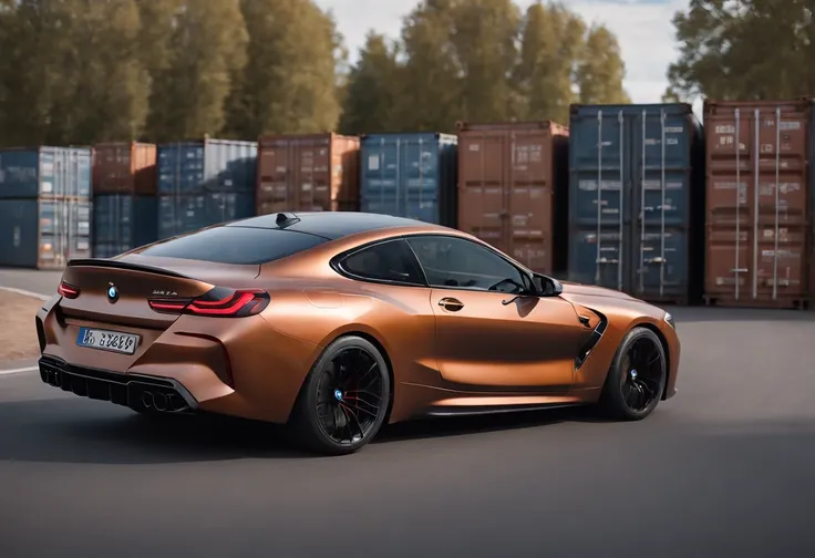 a panning shot of a copper and black bagged 2024 BMW m8  racecar driving past shipping containers at high speeds, motion blur, panning shot, wheel motion captured, motion blurred background, 1/4second exposure, hyper real render, 8 k cg render, angry 8 k, ...