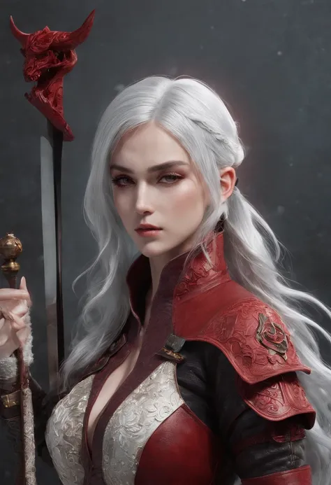 Cirilla Fiona Elen Riannon，Highest image quality，Outstanding details，超高分辨率，（Fidelity：1.4）, Favor the details，closeup cleavage，dawn，Snow，winter，Wizard Sword，He has a delicate and beautiful face，Red Japanese oni armor，Raised sexy，frontage，cyber punk perssona...