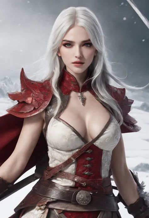 Cirilla Fiona Elen Riannon，Highest image quality，Outstanding details，超高分辨率，（Fidelity：1.4）, Favor the details，closeup cleavage，dawn，Snow，winter，Wizard Sword，He has a delicate and beautiful face，Red Japanese oni armor，Raised sexy，frontage，cyber punk perssona...