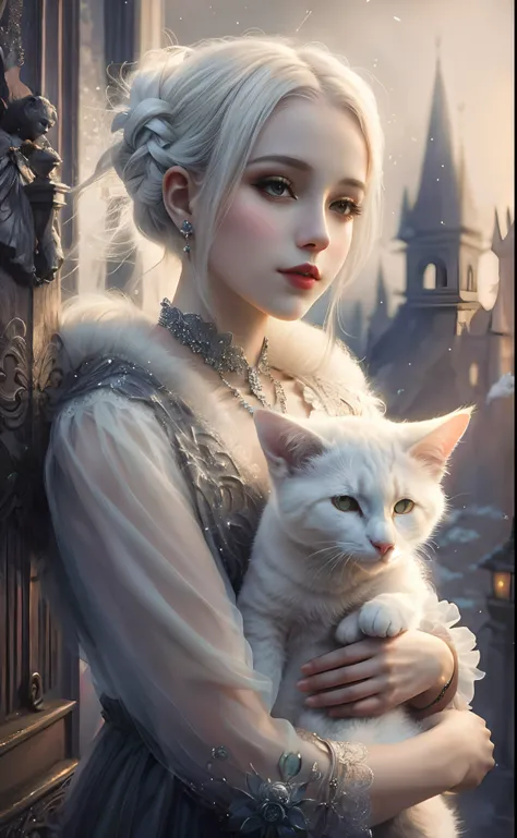 Arafed woman with a white cat in her arms, uma bela raposa senhora, raposa branca, raposa branca - cabelo, fantasia raposa amor, arte de fantasia peluda, retrato bonito da arte da fantasia, bela arte de fantasia, menina do gato branco, estilo de arte de fa...