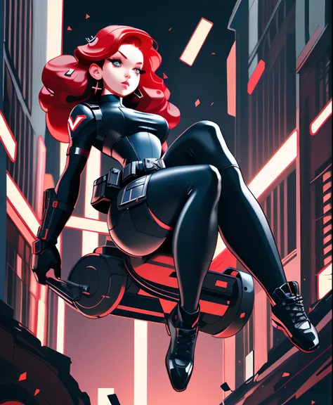 Black widow, short hair, pure black leather tights, pure red hair, attack action, face close-up, action with impact, full body, perspective composition, exaggerated composition, perfect composition, perfect eyes, large perspective, dynamic composition, bac...