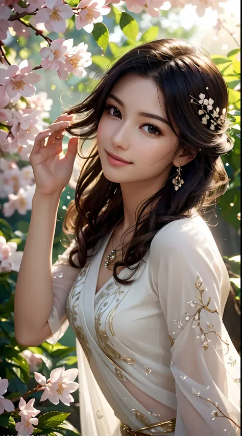 (Best quality,4K,A high resolution,Ultra-detailed,Realistic:1.37),Vivid colors,Sunlight,llight rays,bergamot,white blossoms,Beautiful girl,Exquisite features,Flowing hair,Serene expression,Garden setting,Elaborate dress,Soft sunlight,Gentle breeze,Cheerful...