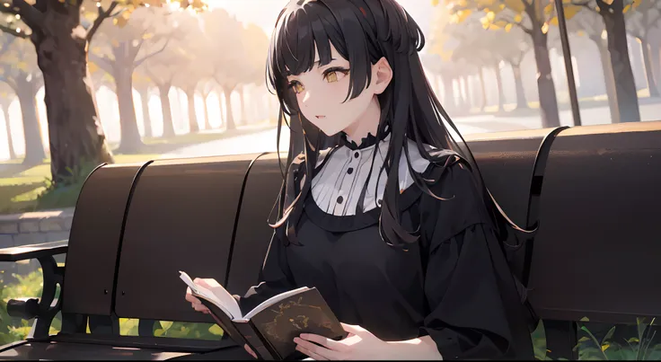 masterpiece, best quality, 1girl, black hair, ,yellow eyes, plain white shirt, sitting on a bench, reading a book, closed up, de...