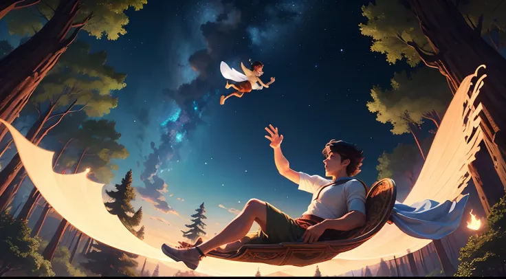 Theo and Ball flying on a magic carpet, under the skies of the forest, disney style.