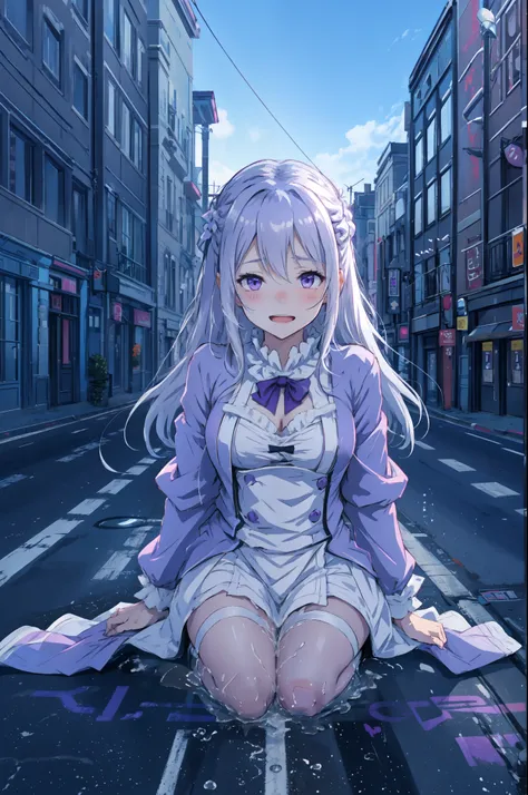 Emilia from re:zero, silver long hair, purple eyes, wearing white lingerie, sitting on the middle of the street, wet street, blushing, joyful expression, dynamic pose, vibrant colours, NSFW,peeing,