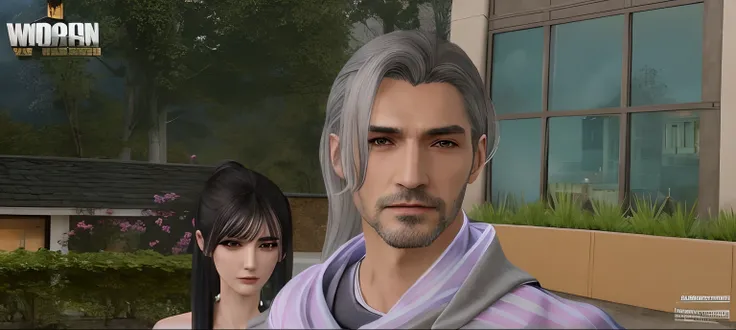 there is a man and a woman standing in front of a building, he has dark grey hairs, second life avatar, with fully detailed faces, sakimichan and frank franzzeta, with very highly detailed face, xqc, handsome stunning realistic, detailed and realistic face...