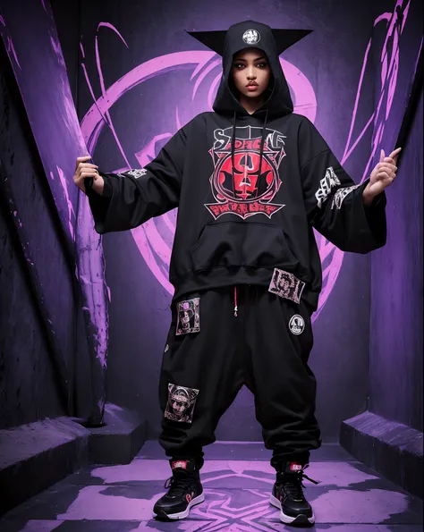 savage evil badass hip hop evil female rapper dark mage occultist wearing fullbody fearfeal intimadating baggy saggy supreme, bape, stylish stussy tracksuit clothes dark magic flexing evil hex  rituals bright lights and summon room and incarnations